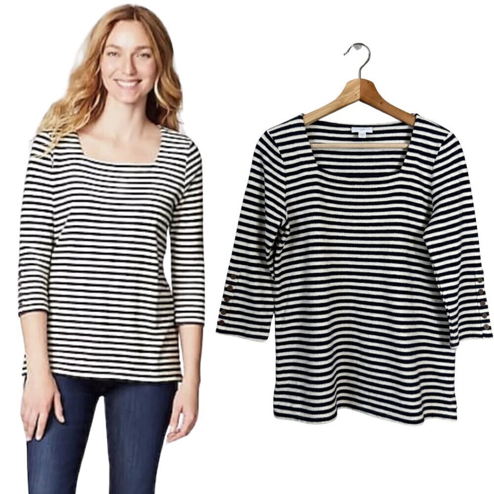 NWOT J. Jill Striped Square Neckline Knit Top Women's XS Navy White Fisherman